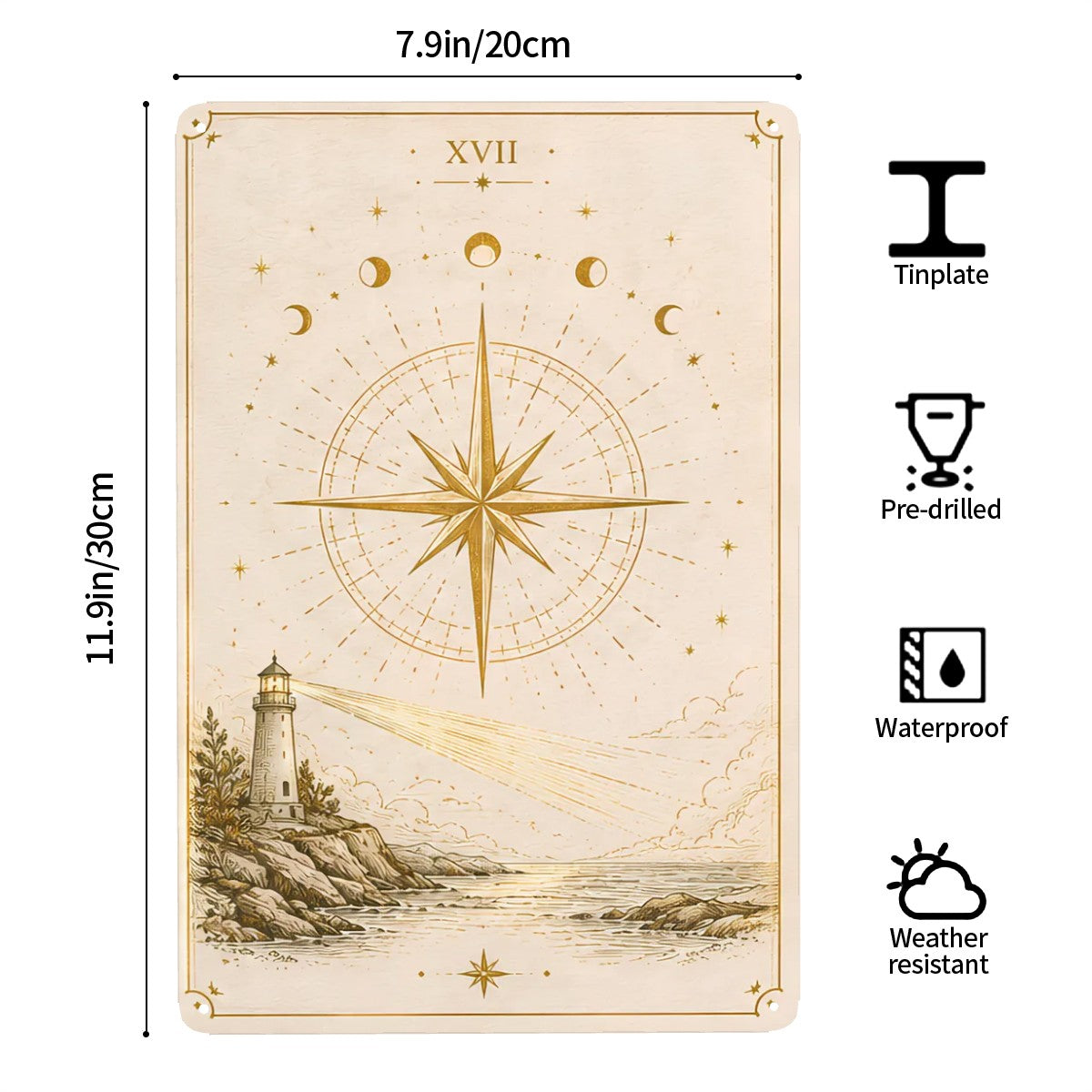 Vintage style nautical tin sign featuring a lighthouse, compass rose, and moon phases.