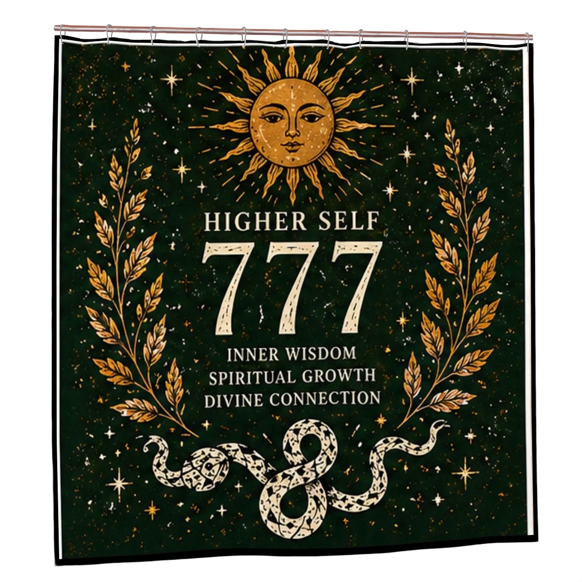 Sandy Beach 777 Angel Number shower curtain with celestial snake and spiritual design for bathroom decor and higher self awakening.