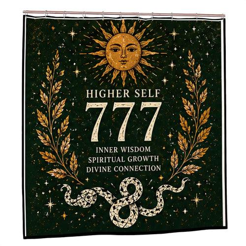 Sandy Beach 777 Angel Number shower curtain with celestial snake and spiritual design for bathroom decor and higher self awakening.