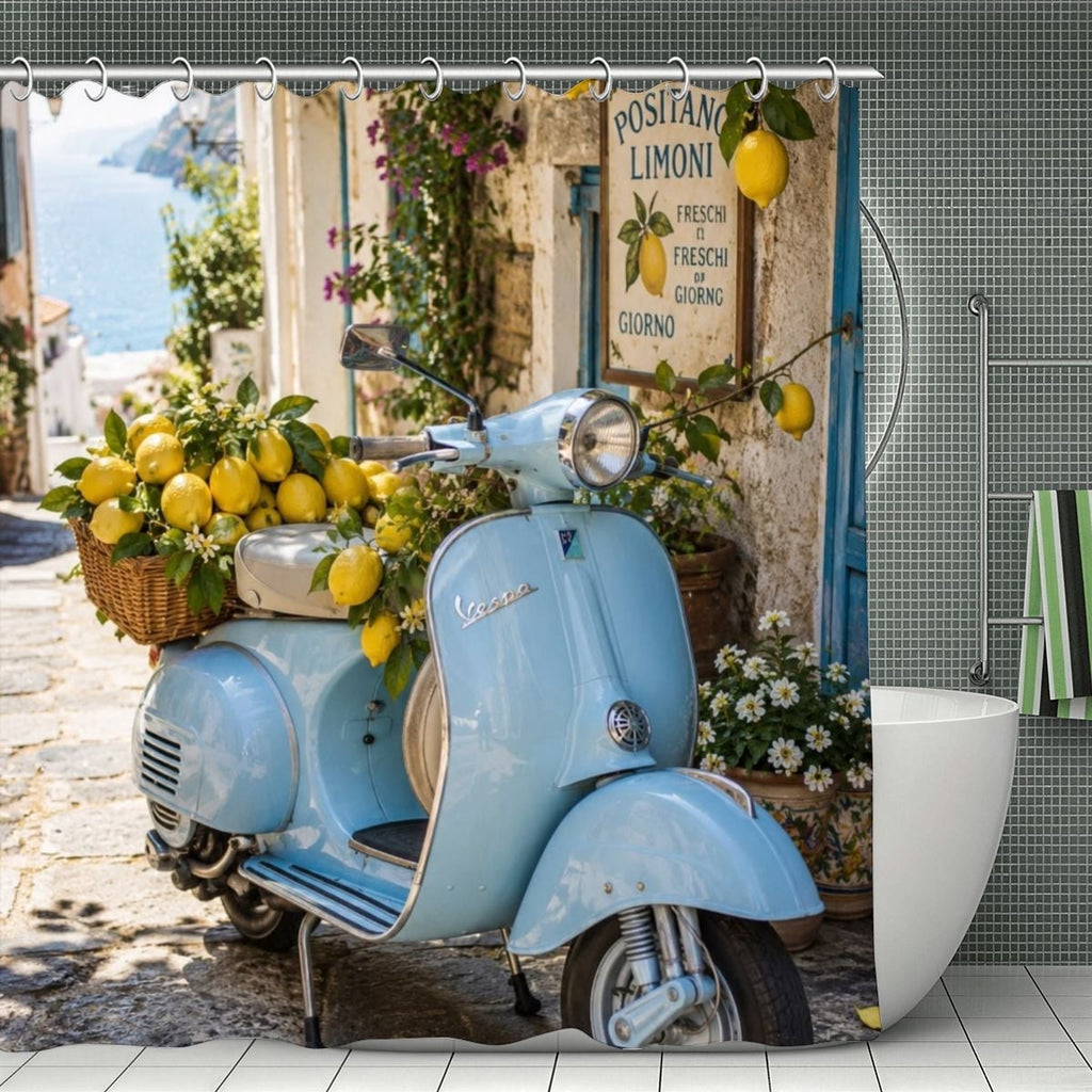 Light blue vintage Vespa scooter with a basket of fresh lemons in a sunny Italian coastal village.