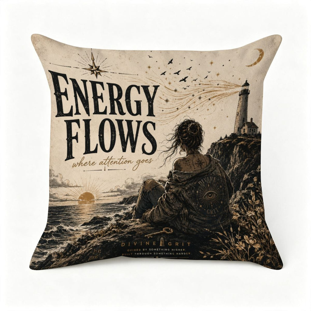 Decorative throw pillow featuring a mystical coastal landscape with a lighthouse and sunset.