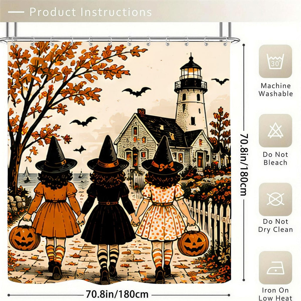 Halloween themed shower curtain featuring three girls in witch hats walking toward a lighthouse.