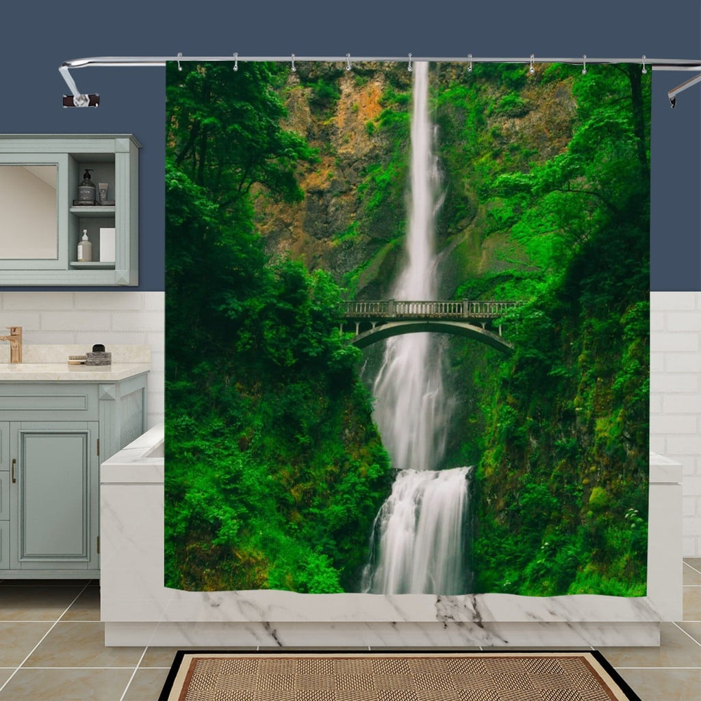 Sandy Beach waterfall shower curtain with a flowing waterfall design, perfect for bathroom decor.