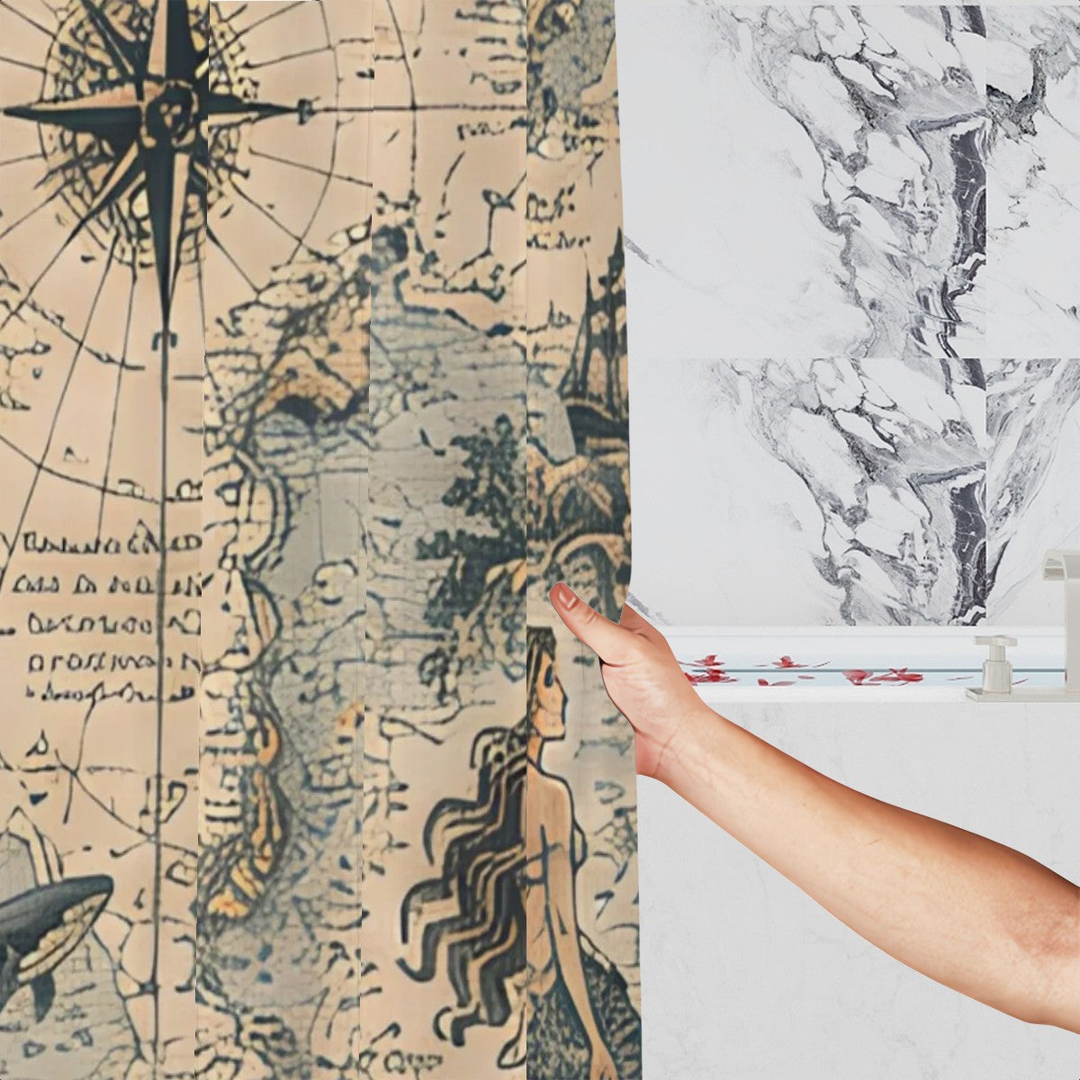 Vintage nautical map shower curtain with compass and mermaid design in a marble bathroom.