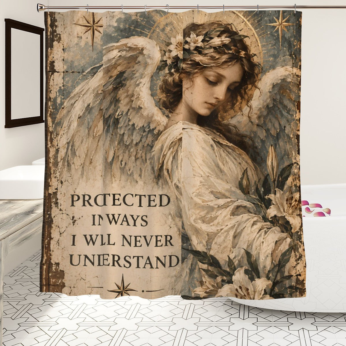 Protected by Angels Shower Curtain - 72" x 72" Vintage Spiritual Art