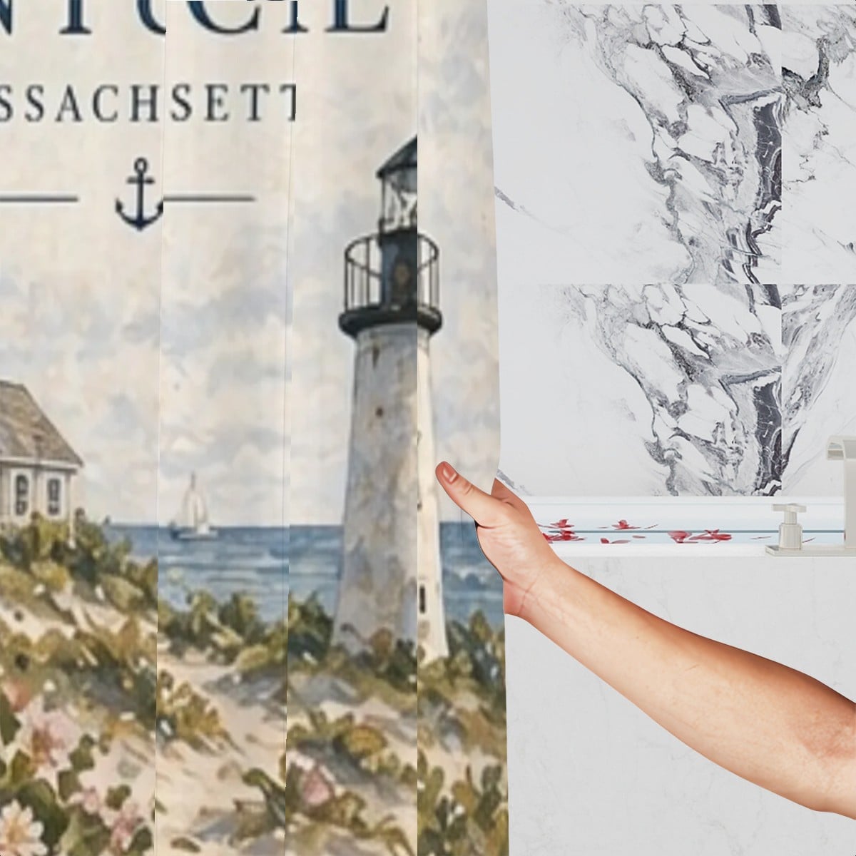 Sandy Beach bathroom shower curtain with ocean and sand scene, vibrant colors, and waterproof fabric for bathroom decor.