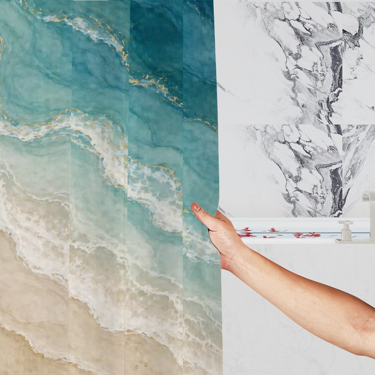 Sandy Beach bathroom decor shower curtain with ocean wave design hanging in a modern shower area