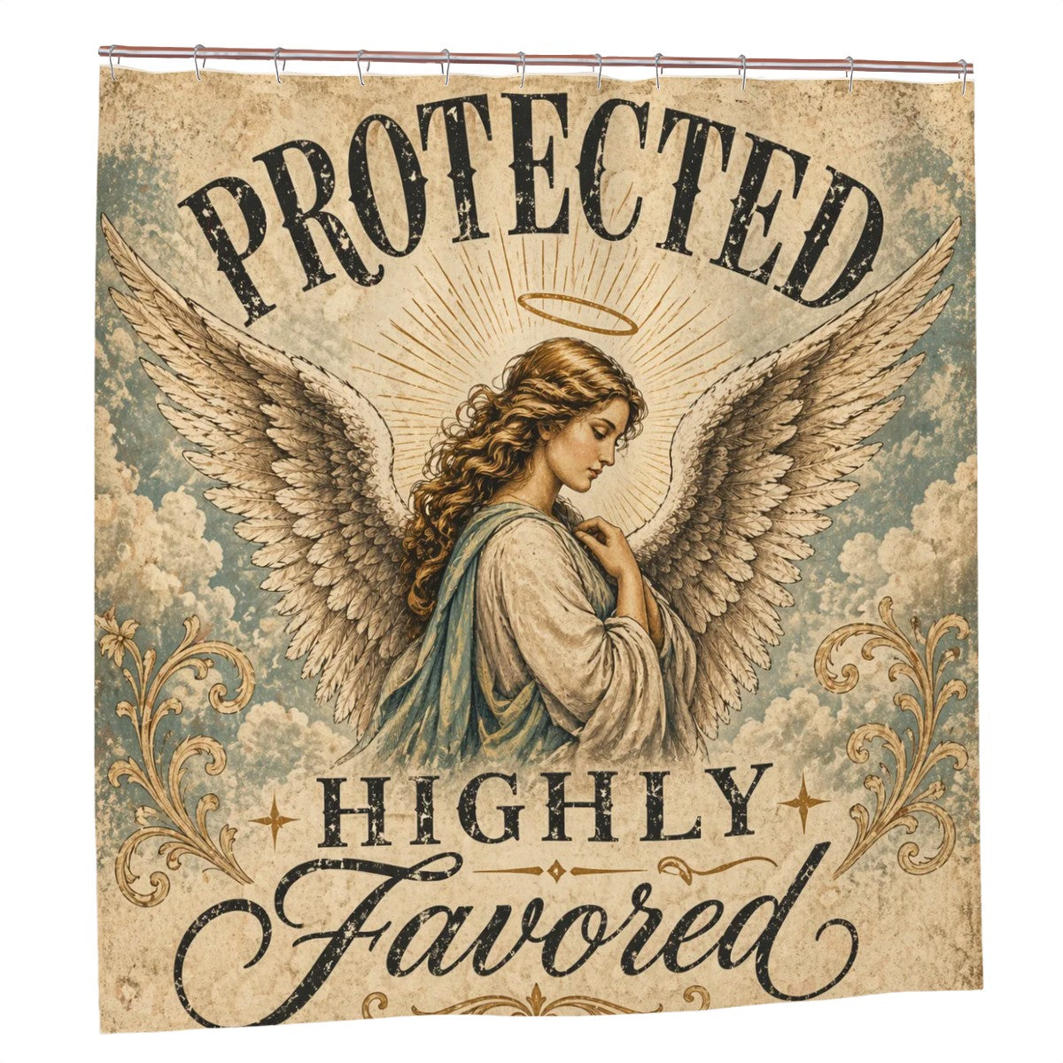 Sandy Beach angel-themed shower curtain with vintage spiritual design, featuring faith-based Christian bathroom decor elements.