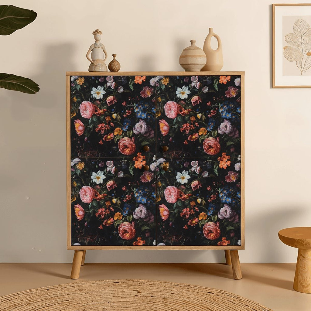 Wooden cabinet with dark vintage floral pattern featuring pink and blue roses.