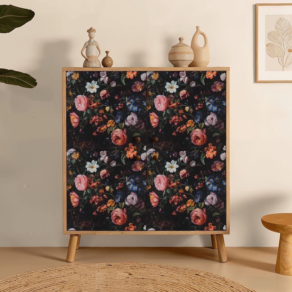 Wooden cabinet with dark vintage floral pattern featuring pink and blue roses.