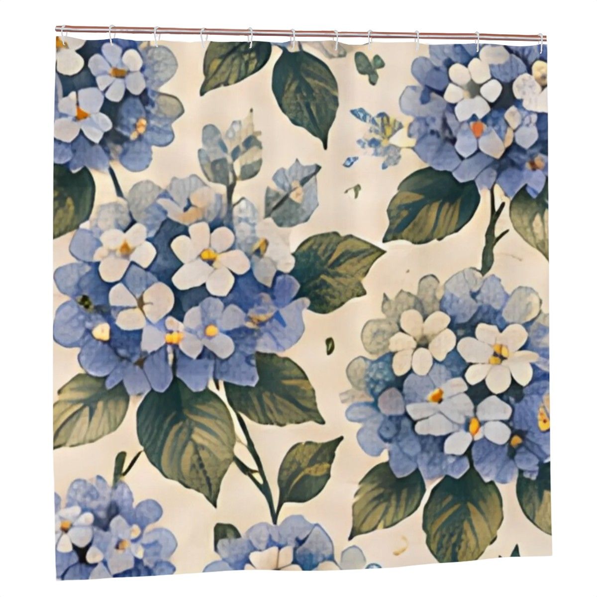 Floral shower curtain featuring blue hydrangea blooms and green leaves on a cream background.