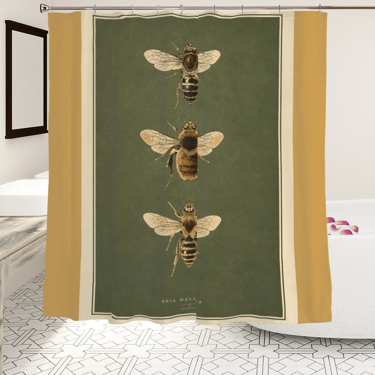 Vintage botanical style shower curtain featuring three honey bee illustrations on green background.