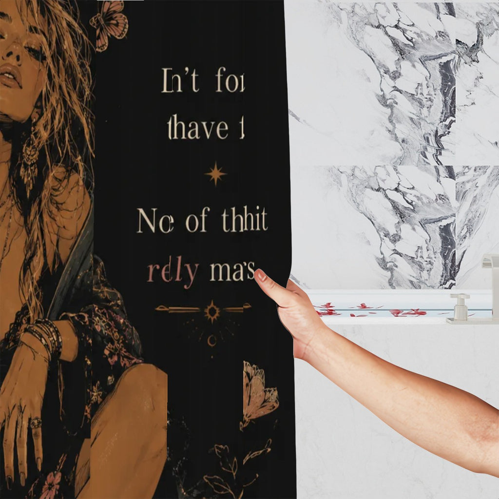 Boho style black shower curtain with mystical woman illustration and gold celestial text.