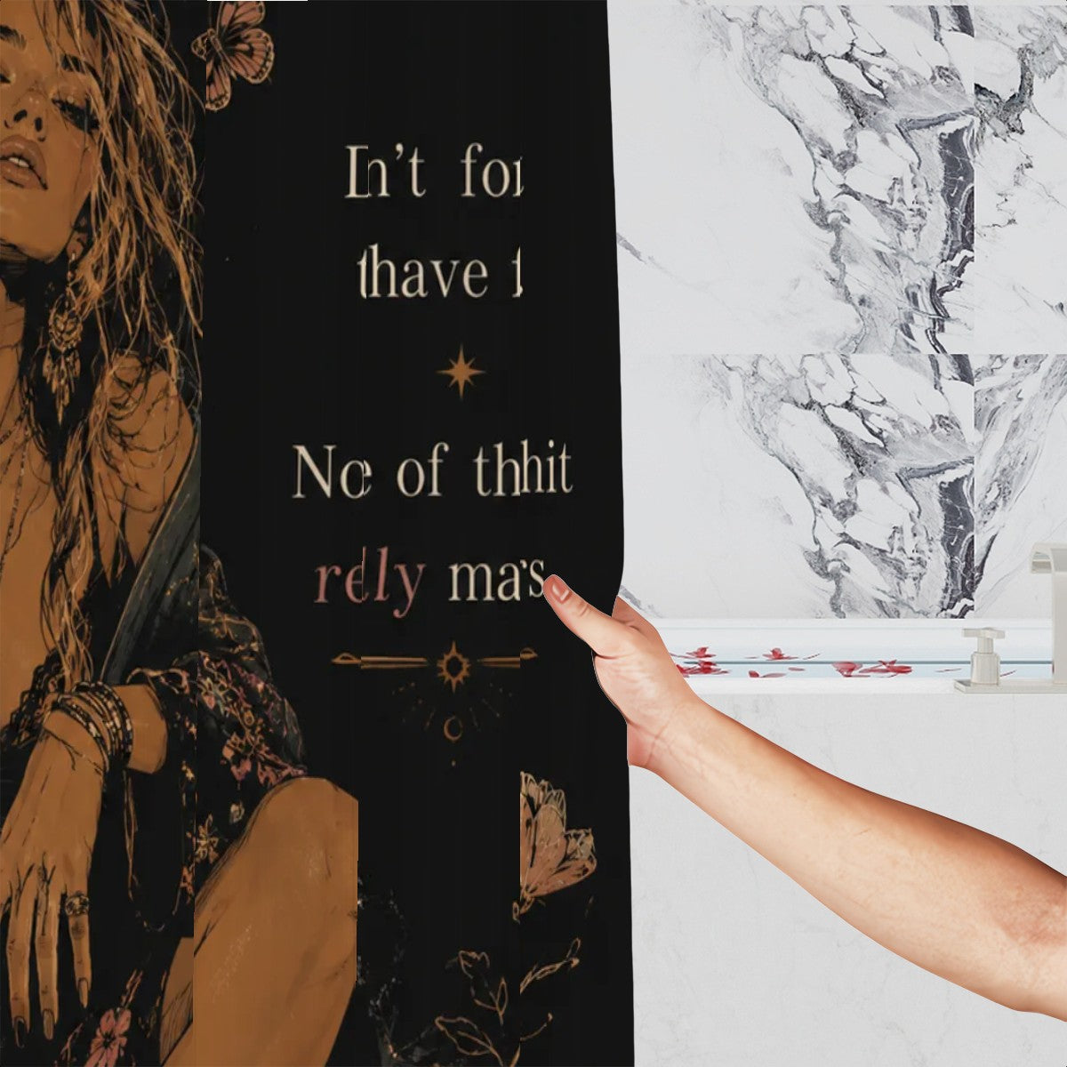 Boho style black shower curtain with mystical woman illustration and gold celestial text.