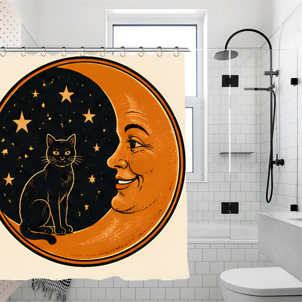 Orange crescent moon with a smiling face and a black cat sitting in a starry night sky shower curtain.
