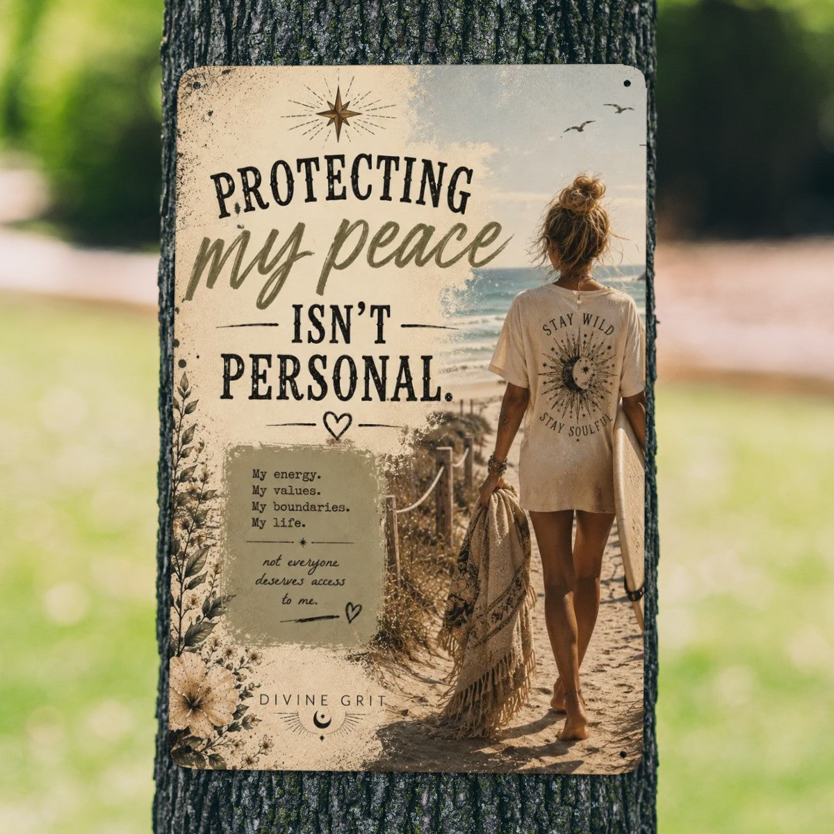 Vintage style garden flag with beach woman and text Protecting My Peace Isn't Personal.