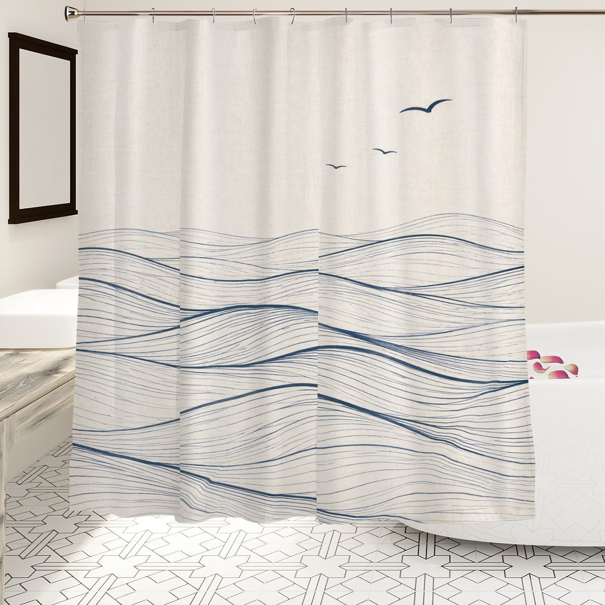 Sandy Beach bathroom decor shower curtain featuring a coastal beach scene with waves and sandy shoreline.