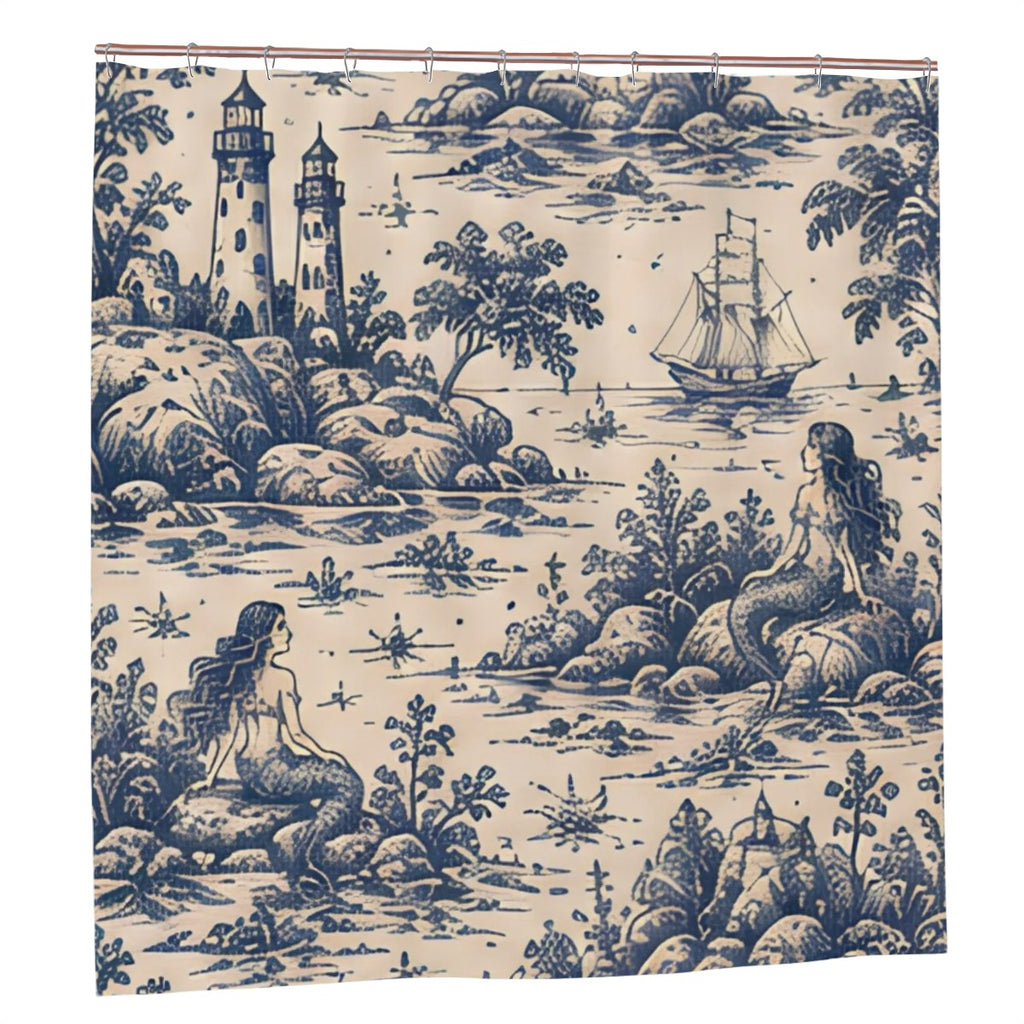 Blue toile pattern shower curtain featuring mermaids, lighthouses, and a sailing ship.