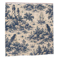Blue toile pattern shower curtain featuring mermaids, lighthouses, and a sailing ship.