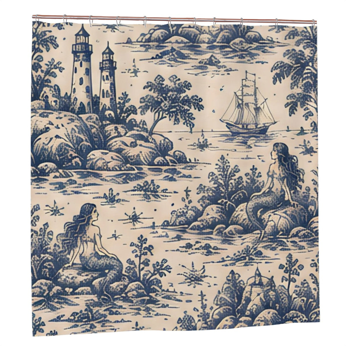 Blue toile pattern shower curtain featuring mermaids, lighthouses, and a sailing ship.