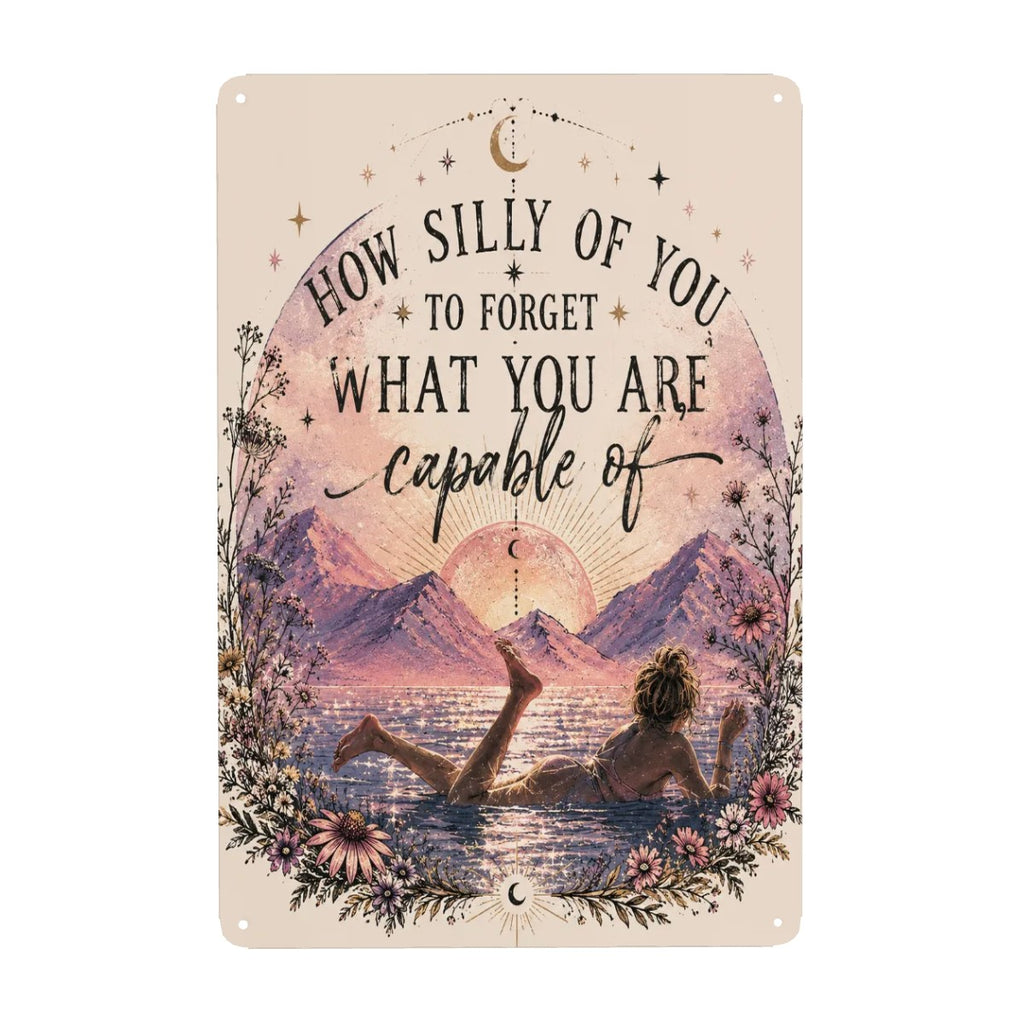 Inspirational garden flag with motivational quote and woman relaxing by a sunset mountain lake.