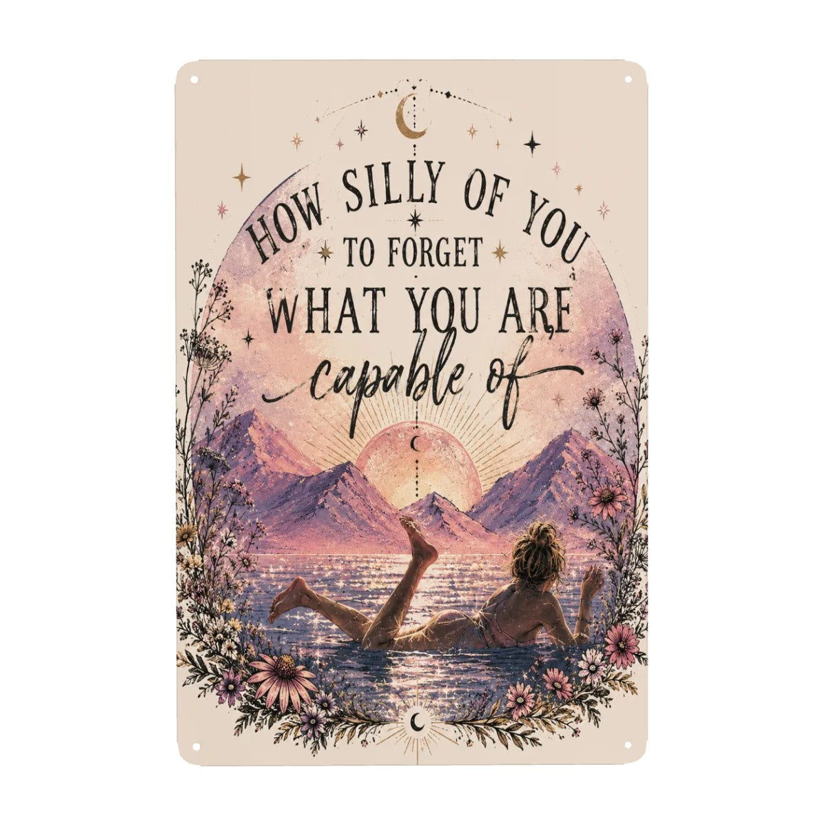 Inspirational garden flag with motivational quote and woman relaxing by a sunset mountain lake.