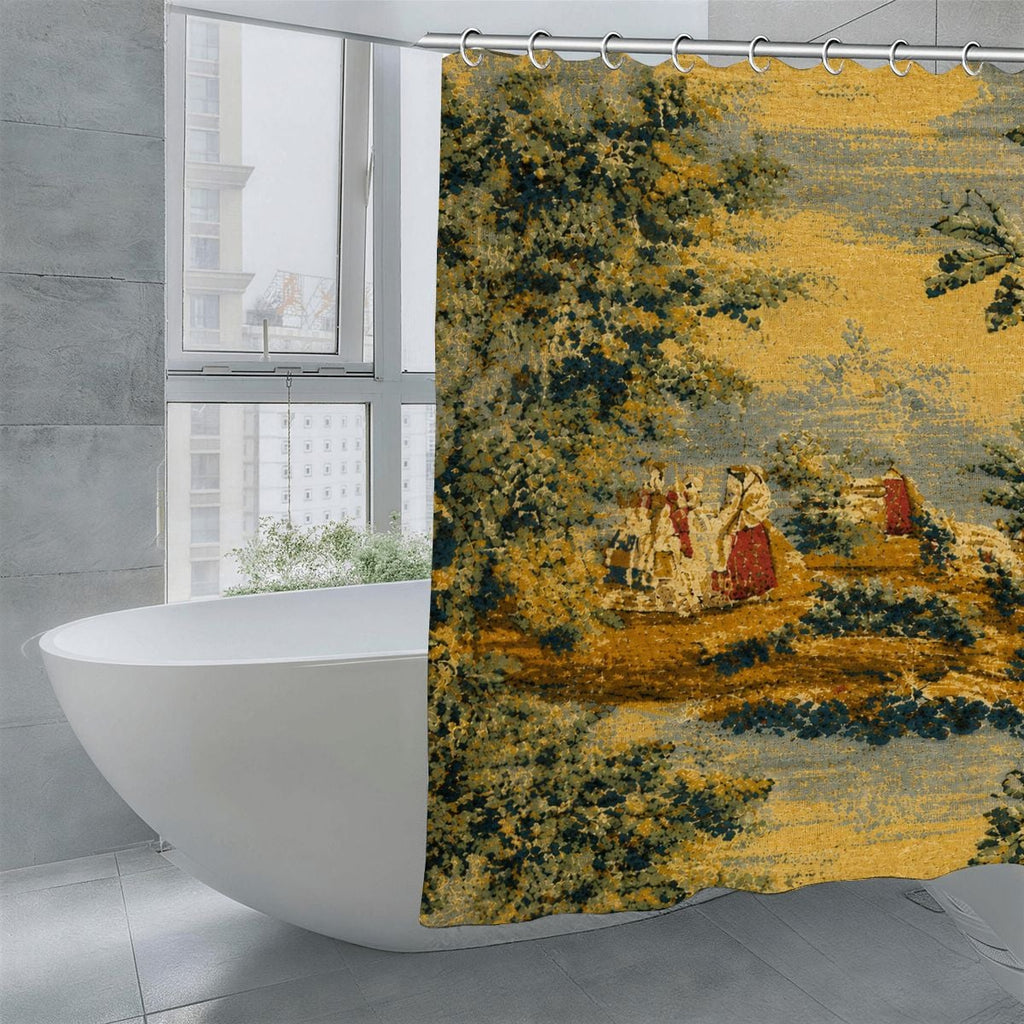 Vintage tapestry style shower curtain with scenic landscape and figures in a bathroom.