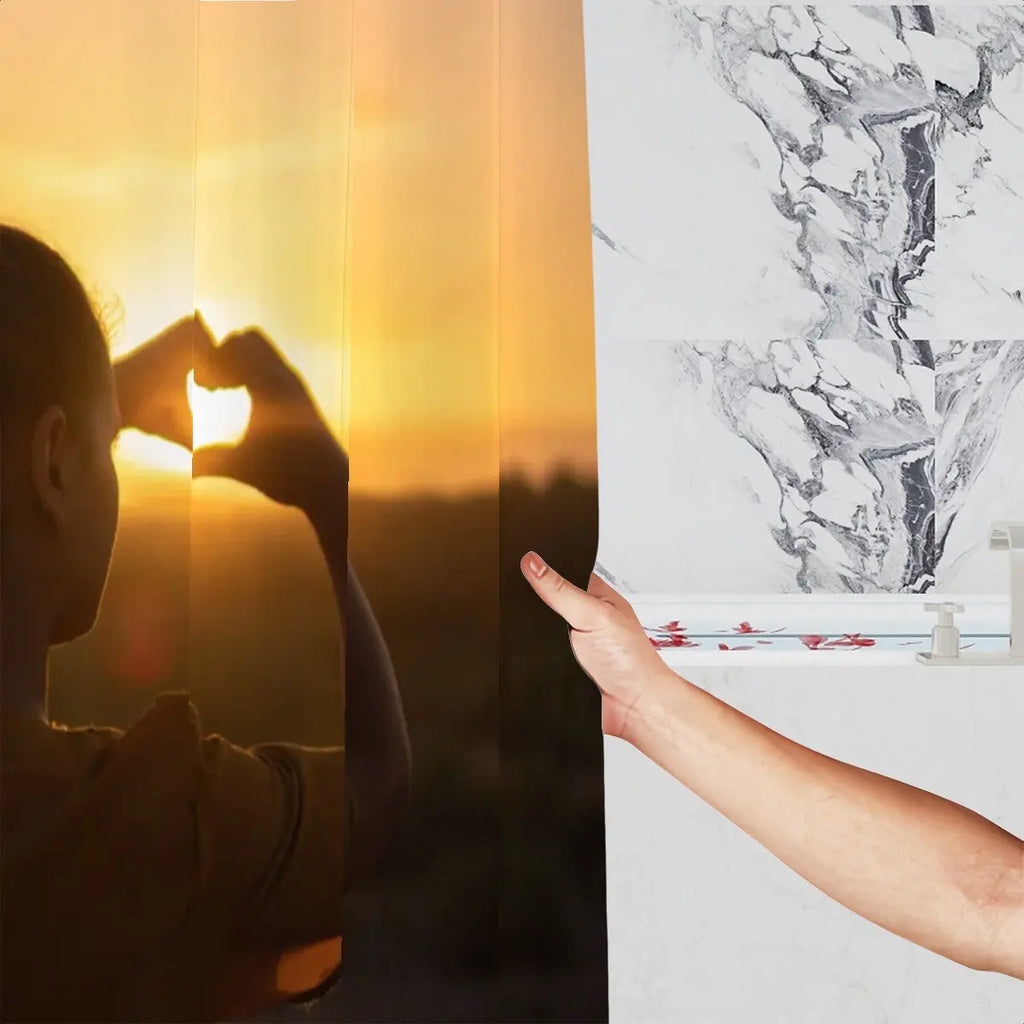Sandy Beach silhouette heart sunset shower curtain featuring a romantic sunset scene with a heart-shaped design for bathroom decor