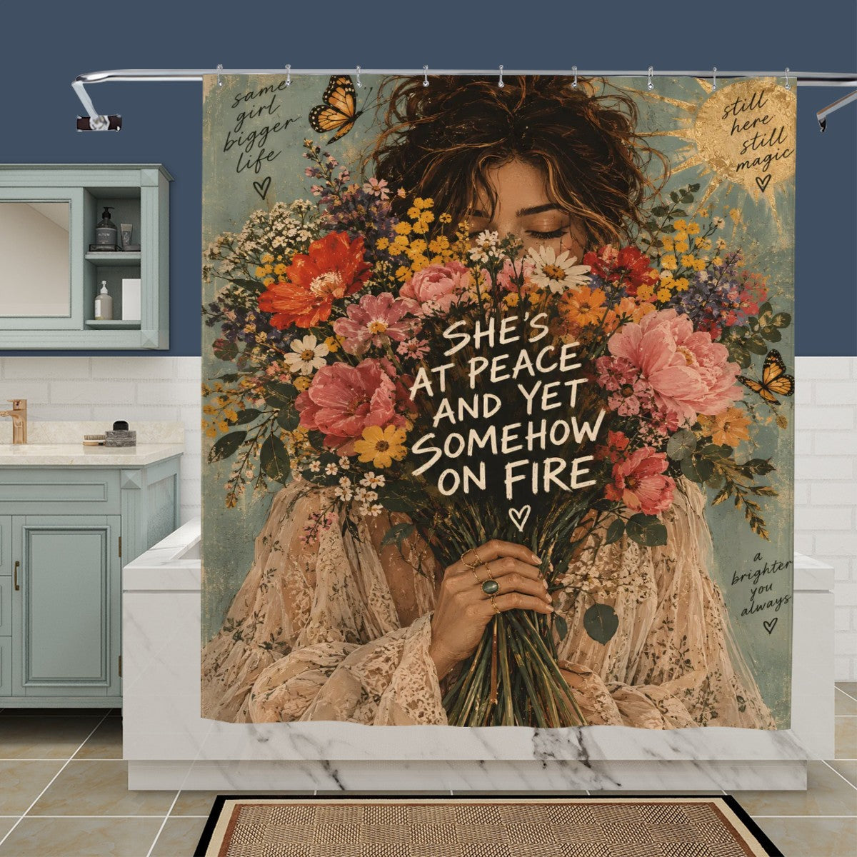 At Peace and Yet On Fire Shower Curtain - 72" x 72" Floral Woman Art