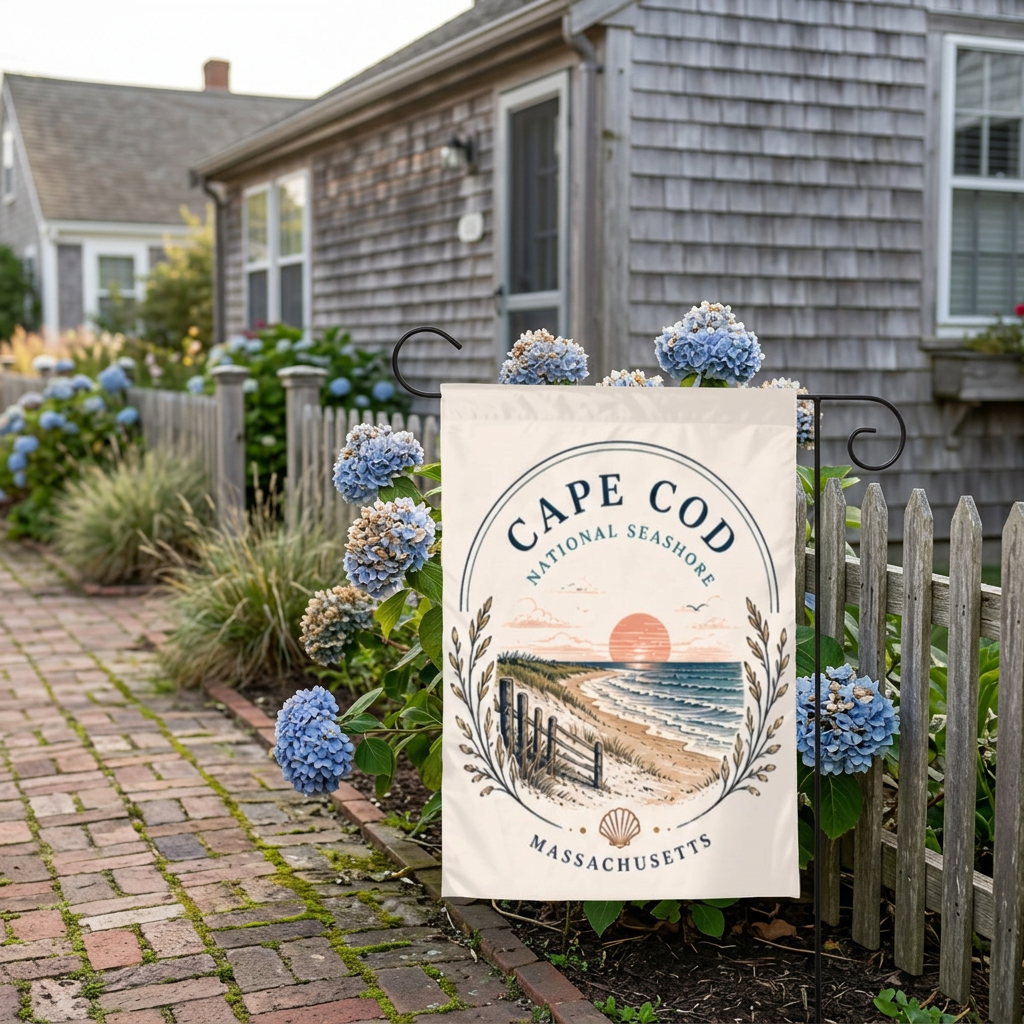 Cape Cod garden flag in a New England cottage garden