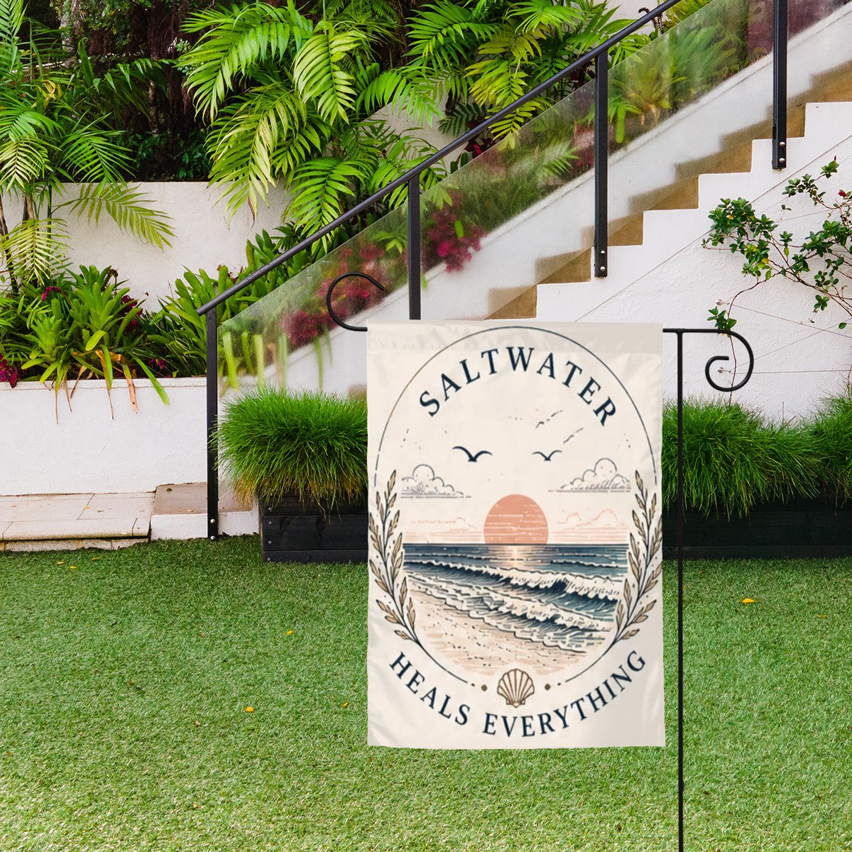 Colorful Sandy Beach garden flag yard decoration outdoors with vibrant floral and beach-themed design for garden decor.
