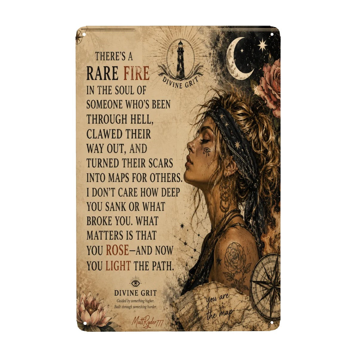 Inspirational quote metal sign with celestial woman, moon, and lighthouse art.