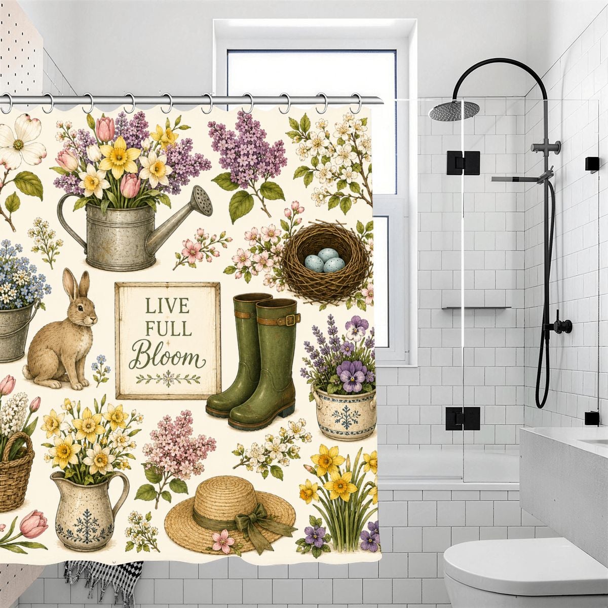 Floral shower curtain with vintage garden illustrations of flowers, boots, and a rabbit.