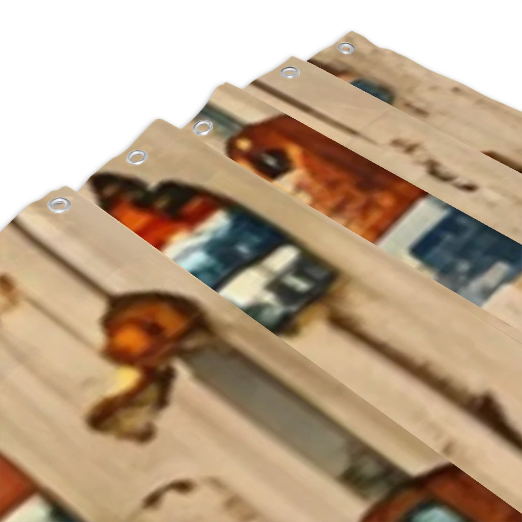 Close-up of a rustic wooden plank pattern shower curtain with silver metal grommets.