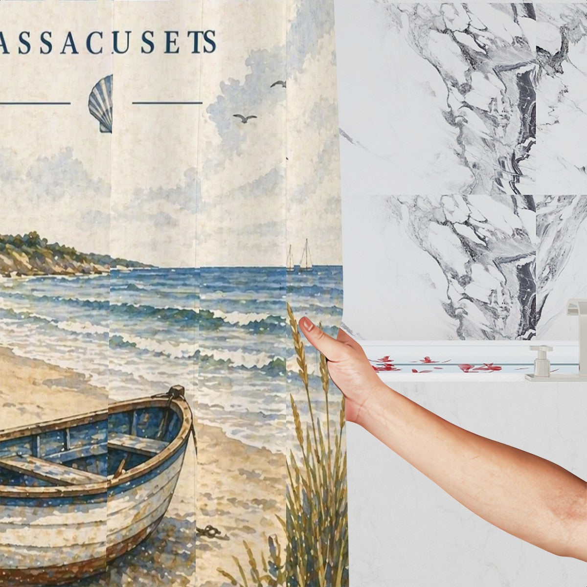 Sandy Beach bathroom decor shower curtain with ocean-inspired design, featuring blue waves and sandy textures for a coastal look.