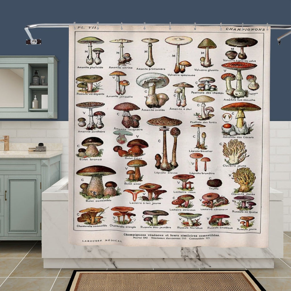 Vintage botanical mushroom shower curtain featuring colorful mushroom and plant illustrations for bathroom decor.