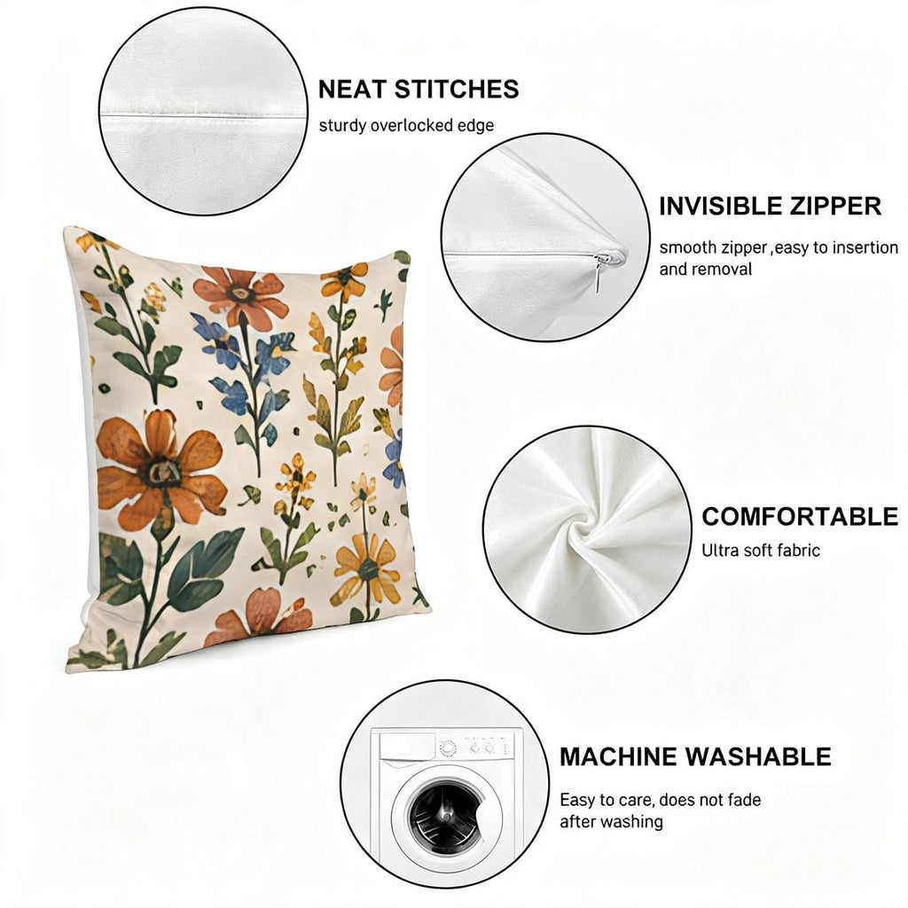 Floral pattern throw pillow with neat stitches, invisible zipper, and soft machine washable fabric.