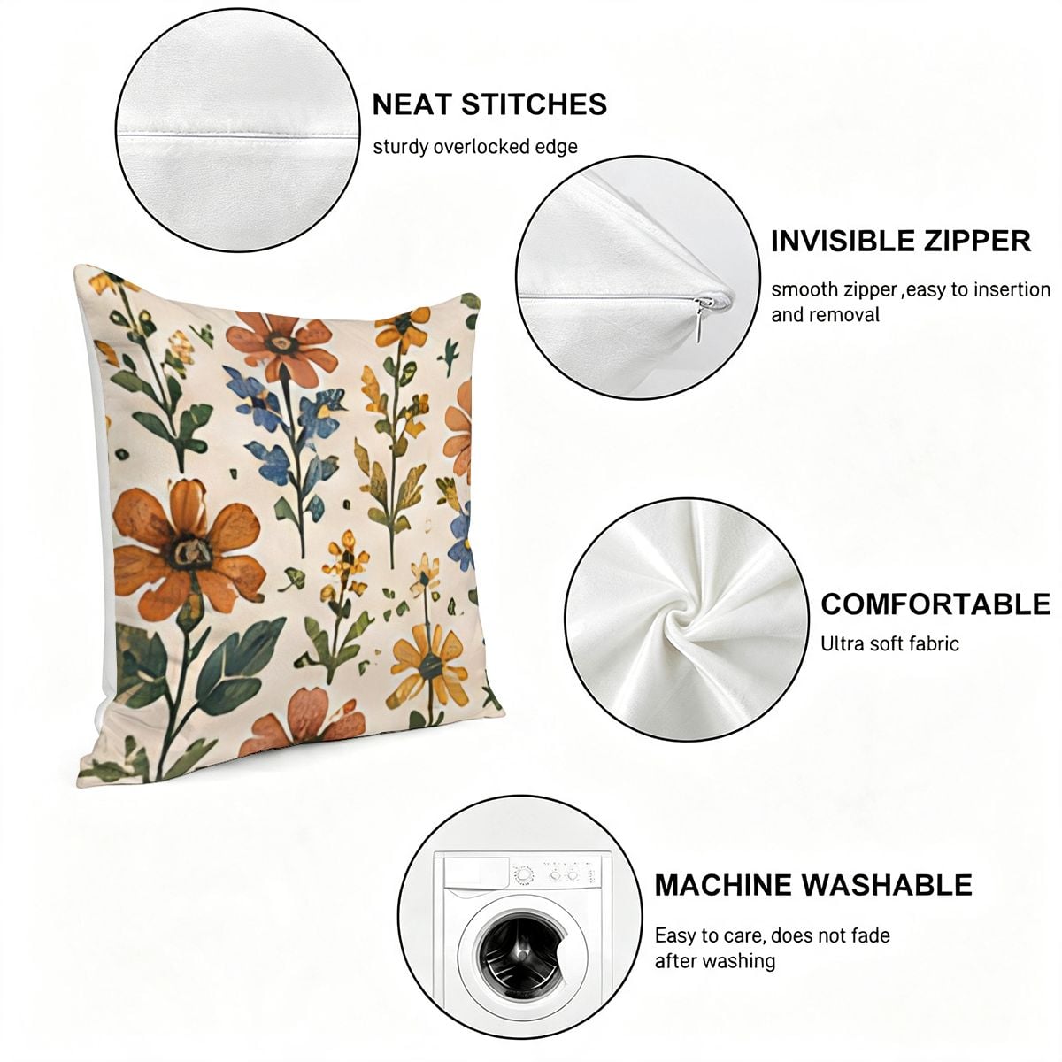 Floral pattern throw pillow with neat stitches, invisible zipper, and soft machine washable fabric.