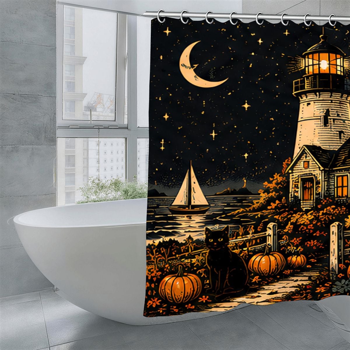 Halloween themed shower curtain featuring a lighthouse, sailboat, crescent moon, and pumpkins.