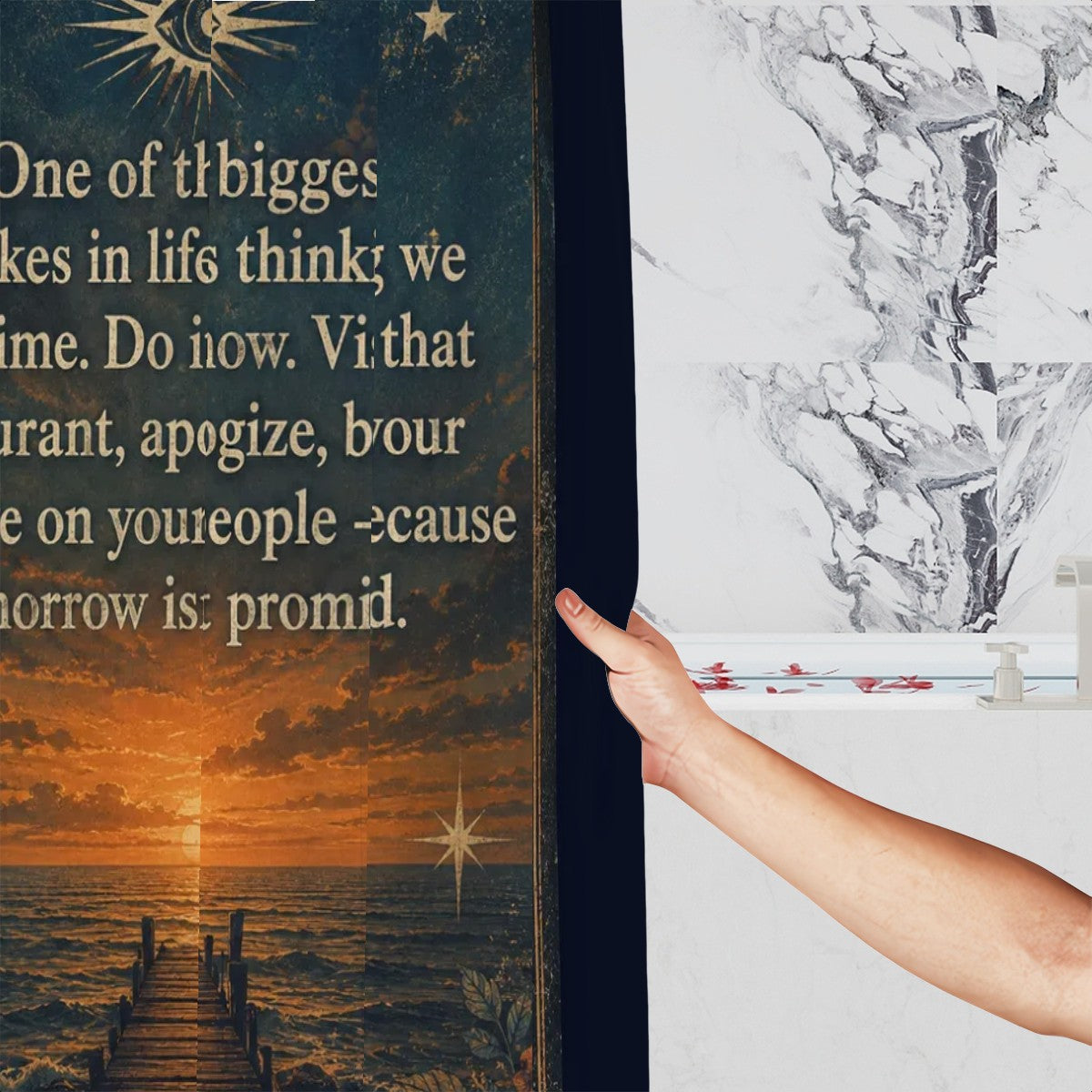 Hand holding a decorative sunset ocean scene shower curtain with inspirational quote.
