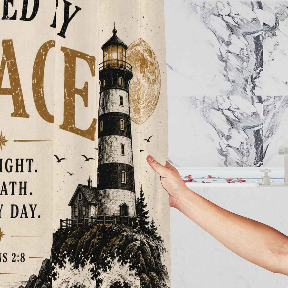 Guided by Grace Shower Curtain – Ephesians 2:8 Christian Lighthouse Bathroom Decor