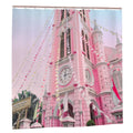 Pink church architecture shower curtain featuring detailed church design, perfect for bathroom decor by Sandy Beach