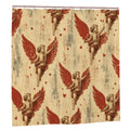 Vintage style shower curtain featuring red winged cherubs and small hearts on cream background.