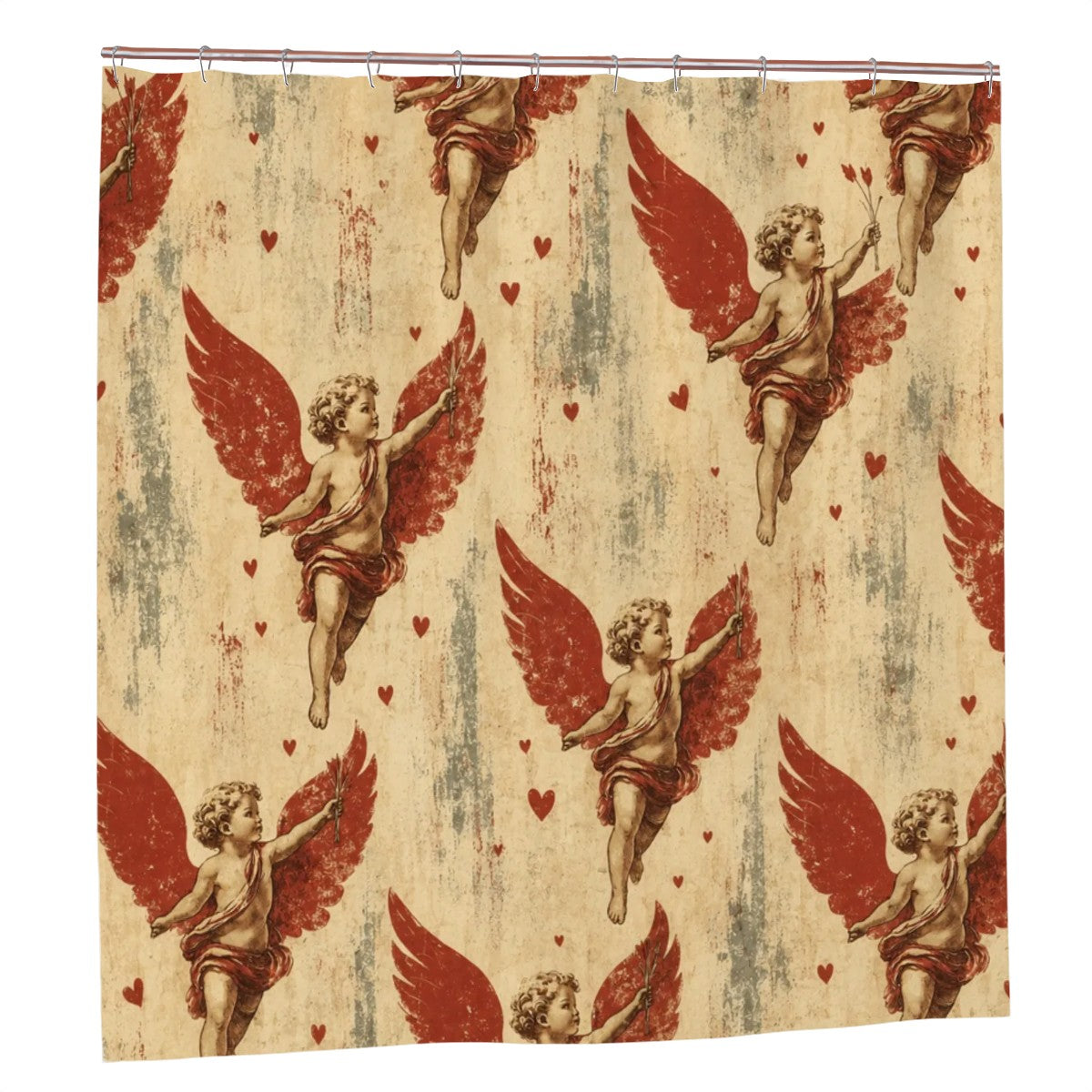 Vintage style shower curtain featuring red winged cherubs and small hearts on cream background.