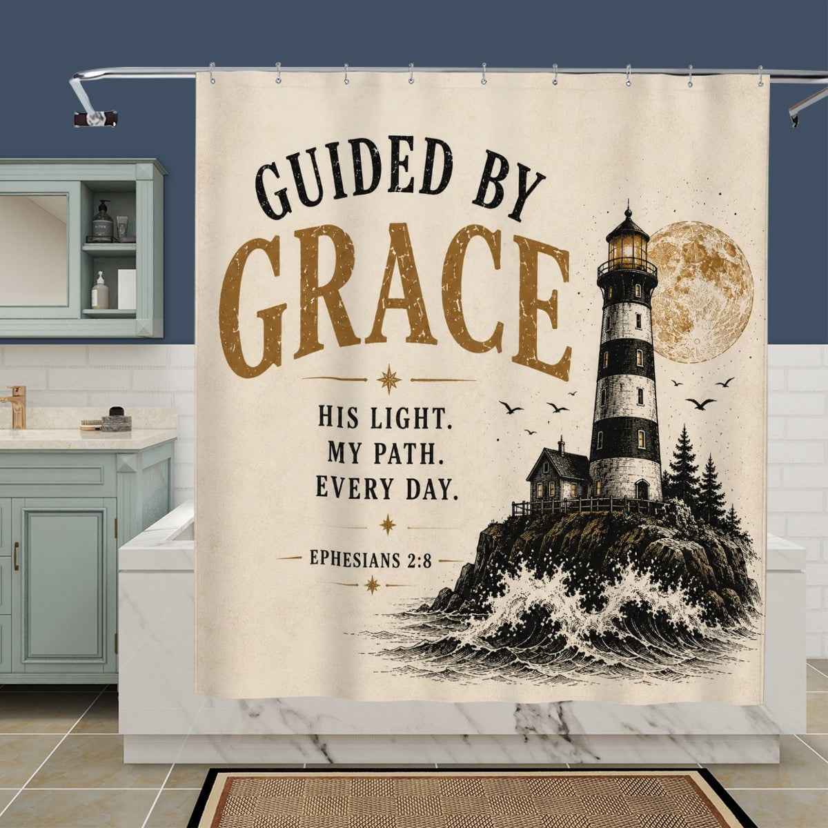 Guided by Grace Shower Curtain – Ephesians 2:8 Christian Lighthouse Bathroom Decor