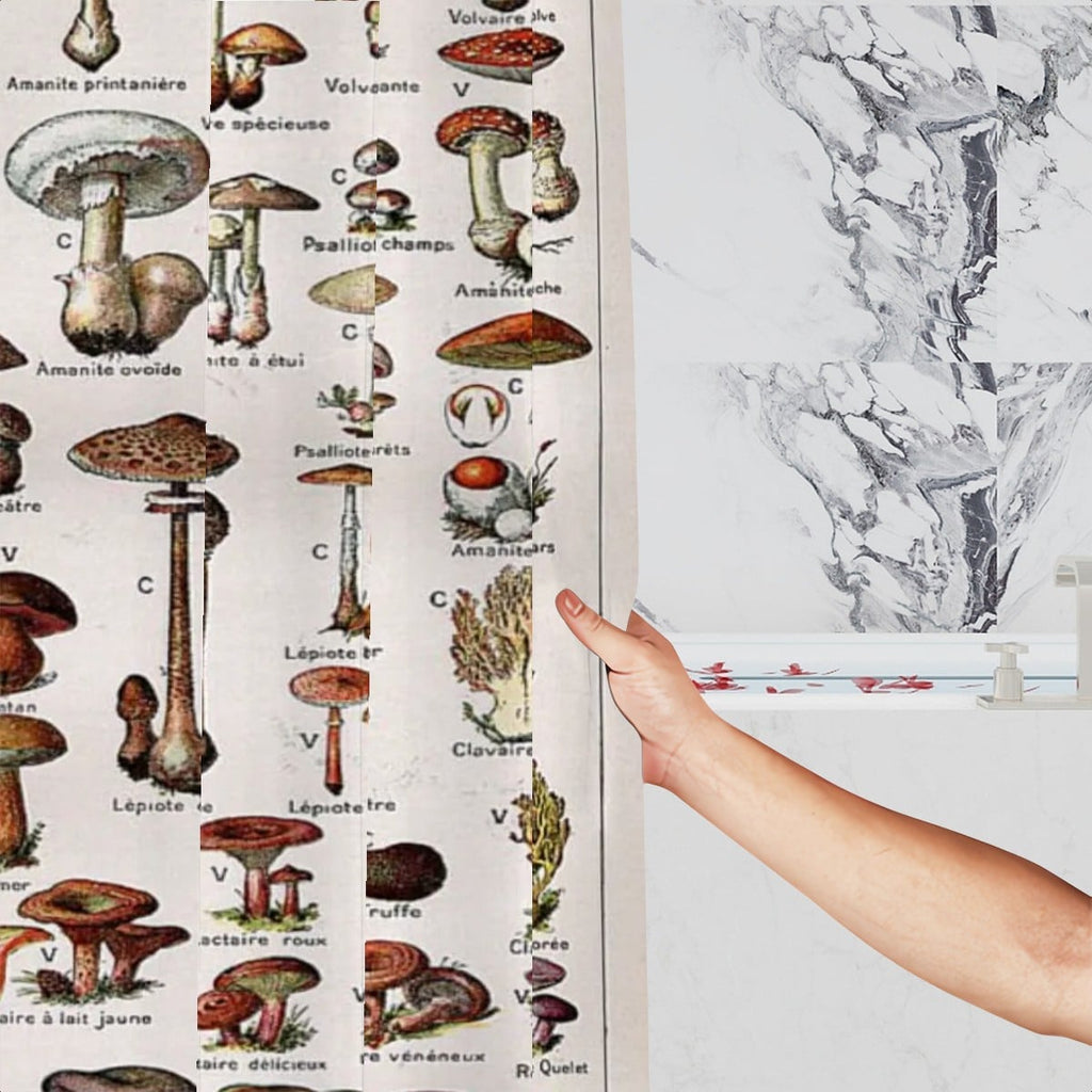 Vintage botanical mushroom shower curtain with mushroom and plant illustrations, ideal for bathroom decor, by Sandy Beach.
