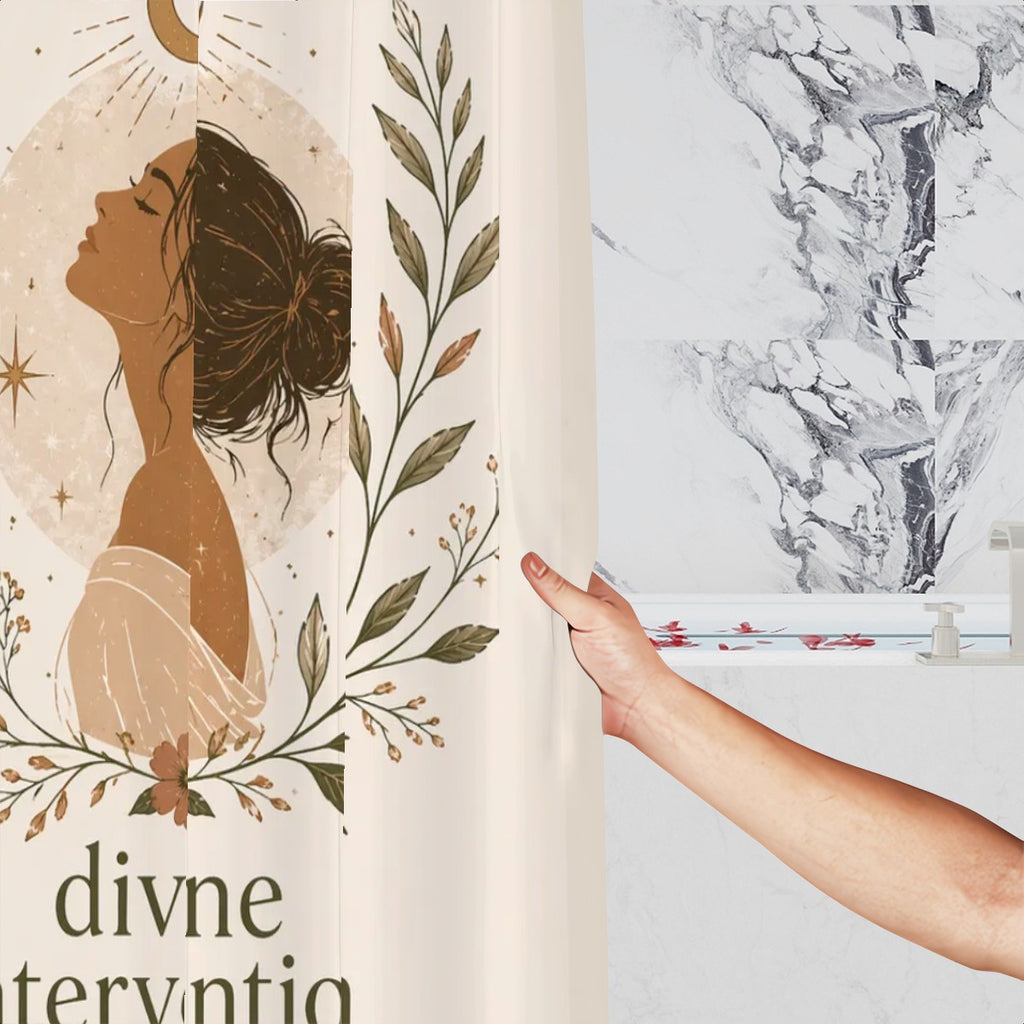 Divine Feminine Shower Curtain featuring a woman silhouette design, ideal for spiritual bathroom decor by Sandy Beach.