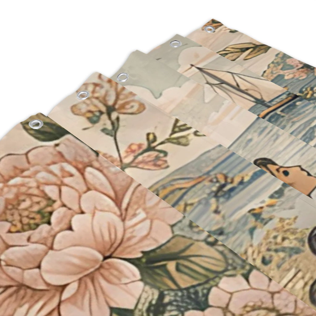 Floral pattern shower curtain with vintage peach peony design and metal grommets.