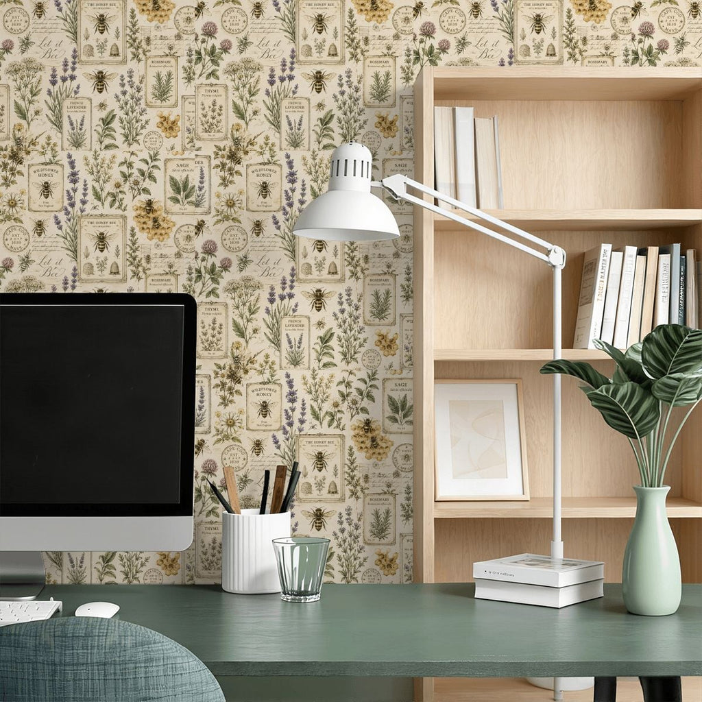 Botanical wildflower and honey bee pattern wallpaper in a modern home office setting.