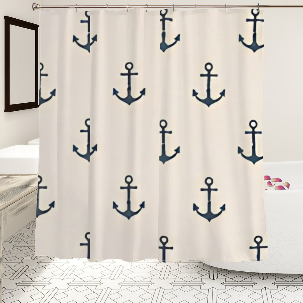 White nautical shower curtain with navy blue anchor pattern in a modern bathroom.
